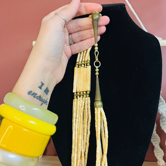 Vintage 1970s Carved Bone Beaded Necklace Neutral Toned Layered Hippie Boho - Picture 5 of 7